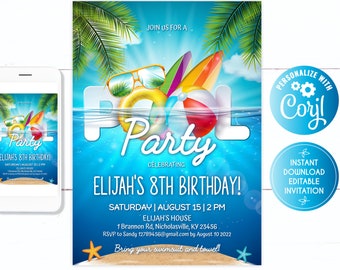 Pool Party invitation boy, Pool Party Birthday invitation, Pool Birthday, Pool Party,  Pool Party Summer, School Pool Party, Swimming Party