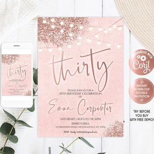 30th Birthday Invitation, Luxury Rose Gold Glitter Birthday Invitation, Rose Gold thirty Party Invites, Her, Rose thirty Birthday Invitation