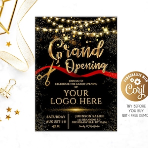 Grand Opening uitnodiging, Grand Opening Party uitnodiging, elektronische Grand Opening, Business Grand Opening Digital, goud zwart, schoonheidssalon