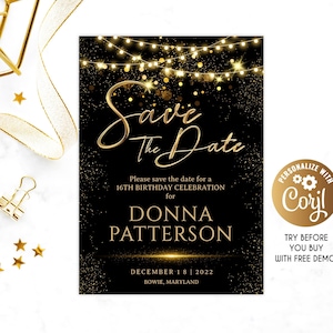 Save The Date Invitation, Save The Date, gold black, Smartphone Invite, Digital Invite, Glitter, Editable, Save the Date Template, birthday