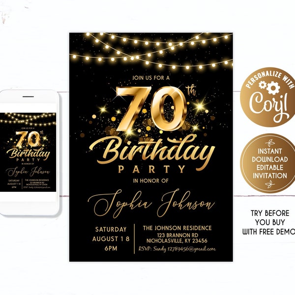 70th Birthday Invitation for woman, Gold & Dark Birthday Invitation, Gold Seventy Seventieth Birthday Party Invites, Her Birthday woman