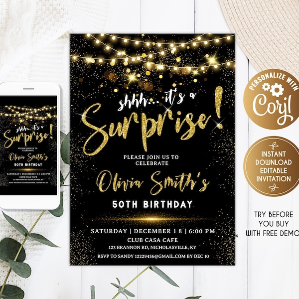 Surprise Invitation, Shhh... It's a Surprise Birthday Invitation, Gold Birthday Invitation for Her It's a Surprise, 50th Birthday, Surprise,