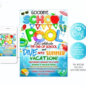 Invitación de despedida de escuela, hola a la piscina, invitación EDITABLE para fiesta de fin de escuela en la piscina, adiós a la escuela, hola, chapoteo de verano, piscina,