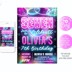 7th Birthday Invitation girl, 7th Birthday girl,  7 years old, Girl party invite, Teen girl SEVEN birthday invite, Teen party, 7th Birthday