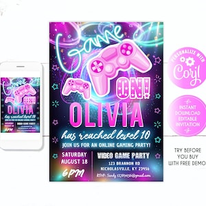 Video game party invitations for girl, video game Birthday invitation, game invitation, GAME ON, video game, switch party, for girl, pink