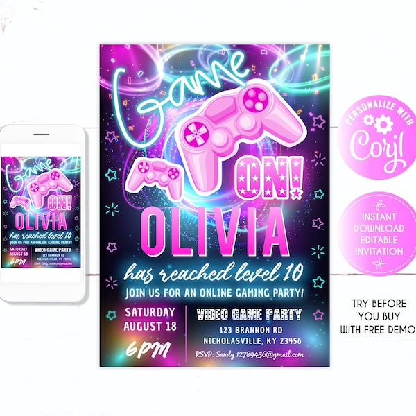 Video game party invitations for girl, video game Birthday invitation, game invitation, GAME ON, video game, switch party, for girl, pink