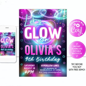 Glow birthday invitation, 9th birthday, Glow Party Birthday Invitation, Neon Glow, the Dark Party Girls, EDITABLE Glow Birthday, Neon Glow