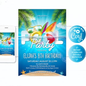 Pool Party invitation boy, Pool Party Birthday invitation, Pool Birthday, Pool Party,  Pool Party Summer, School Pool Party, Swimming Party