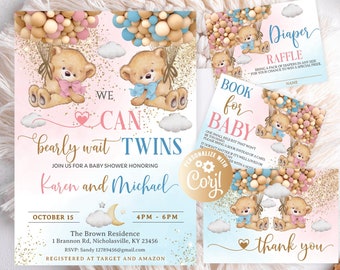 Bears Twins Girl Boy Baby Shower Invitations Set, Editable We Can Bearly Wait Pink Blue Bundle Twins Bears With Balloons Set Hot Air Balloon