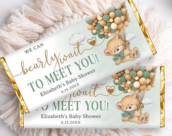 Editable Bear Green Chocolate Wrapper, Printable Bear with Balloons, Bear Candy Bar Chocolate Bar Wrappers Baby Shower WE CAN Bearly Wait