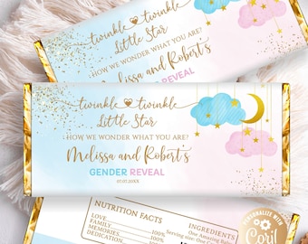 Editable Twinkle Twinkle Little Star Gender Reveal Chocolate Wrapper, He or She Candy Boy or Girl Chocolate Bar Wrappers Blue and Pink Smoke