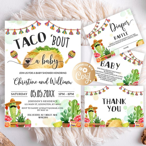 Fiesta Baby Shower Invitation Set, Mexican Baby Shower Bundle, Taco Bout A Baby Baby Shower, Editable Mexican Gender Neutral Baby Shower Set