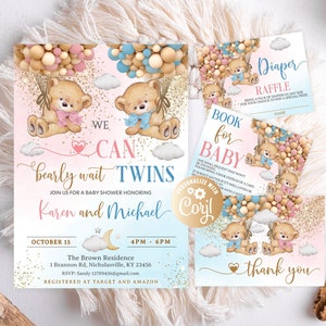 Bears Twins Girl Boy Baby Shower Invitations Set, Editable We Can Bearly Wait Pink Blue Bundle Twins Bears With Balloons Set Hot Air Balloon