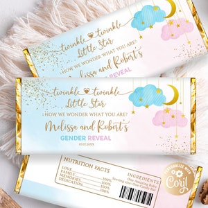 Bewerkbare Twinkle Twinkle Little Star Gender Reveal chocoladeverpakking, hij of zij candy boy of girl chocoladereep wrappers blauw en roze rook