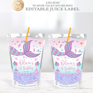 May include: Two clear juice pouches with mermaid-themed designs. Each pouch features a mermaid tail, the text "Olivia's 1st Birthday", and the date 07.25.20XX. The pouches are 3.5x5 inches and include a straw.