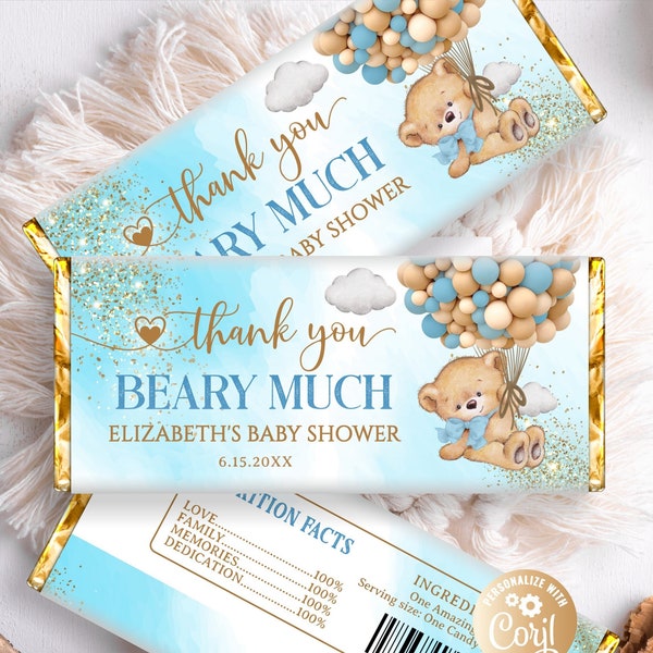 Emballage de chocolat garçon bleu ours modifiable Beary Much, ours garçon avec des ballons, emballage de barre de chocolat d'anniversaire d'ours emballages de barre de chocolat bleu