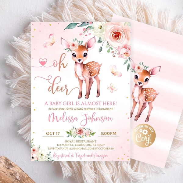 Oh Deer Baby Shower Invitation, Pink Deer Greenery Baby Shower, For Girl, Roses Editable Pink Gold Floral Deer Baby Shower Invitation Garden