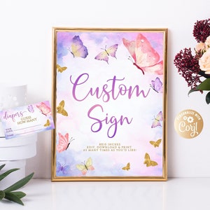 Papillon modifiable signe personnalisé aquarelle violet, décor de papillon rose aquarelle, signe de texte personnalisé papillon et cartes violet