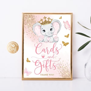 Elefante coroa dourada glitter rosa menina cartões editáveis e presentes sinal, elefante menina cartões e presentes mesa glitter bebê elefante cartões presentes