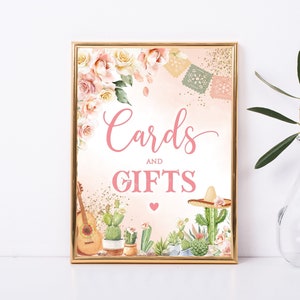 Bord met feestkaarten en cadeaus voor meisje, roze Senorita Gold Cards & Gifts-tafelbord Afdrukbaar meisje, cactusroos meisjesbord vintage aquarel