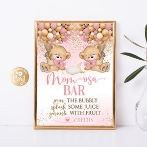 Editable Bear Twin Girls Pink Gold Mom-osa Bar Baby Shower Sign,  Bear Pink Twin Babies Mom-osa Bar Baby Shower Sign Mom-osa Bar Table Sign