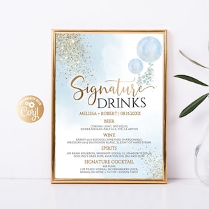 May include: A printable sign with a blue watercolor background and gold glitter. The sign says "Signature Drinks" and lists various beer, wine, and spirit options. It also includes a signature cocktail recipe called "Mr. Funk".