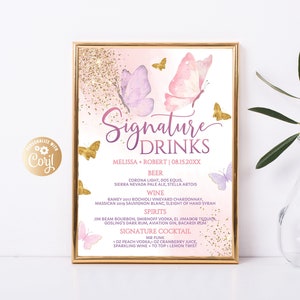 Bebidas de assinatura editáveis de borboleta, sinal de bebida de assinatura de borboleta, modelo de menu de bar editável de borboleta, bebida de bar de coquetel de borboleta