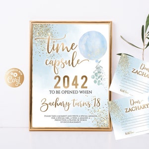 Bewerkbare jongen blauwe ballon print tijdcapsule, jongen 1e verjaardag partij decor tijdcapsule teken, jongen blauwe ballon print bijpassende notitiekaart