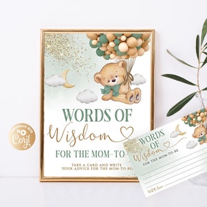 Consejos editables para futuros padres o futuras tarjetas de notas y signos, palabras de oso de sabiduría verde, tarjeta de consejos, buenos deseos consejos de oso para mamá