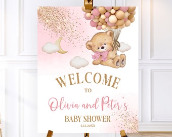 Editable Bear Pink Gold Welcome Baby Shower Sign, Gold Bear Pink Sign, Welcome Poster Bear Sign, Clouds Bear Bear Sign Pink Gold Decorations