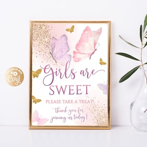 Editable Girl Butterfly Baby Shower Dessert Table Sign, Butterfly Girls are Sweet Table Sign, Food Table Poster Printable, Rose Gold Girl