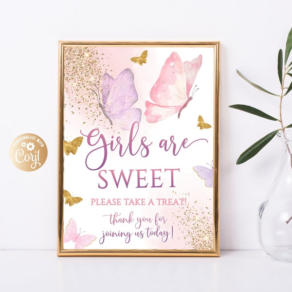 Editable Girl Butterfly Baby Shower Dessert Table Sign, Butterfly Girls are Sweet Table Sign, Food Table Poster Printable, Rose Gold Girl