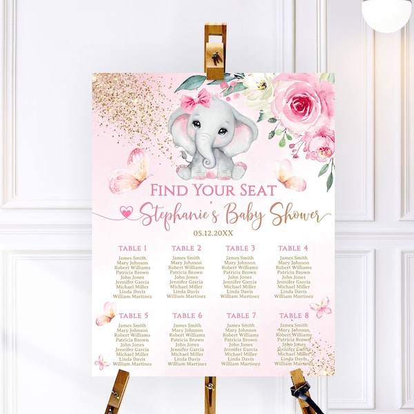 Editable Elephant Rose Hot Pink Find Your Seat Baby Shower Sign, Elephant Greenery Coordinating Table Assignment Poster Seating Chart Sign