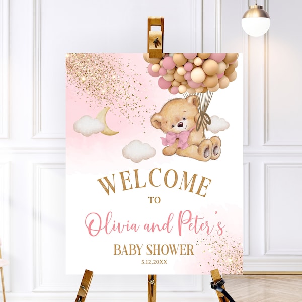 Bearbeitbares Bären-Rosa-Gold-Willkommens-Babyparty-Zeichen, Goldbär-Rosa-Zeichen, Willkommens-Poster-Bärzeichen, Wolken-Bär-Bärzeichen-Rosa-Golddekorationen