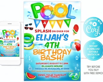 Pool Party invitation boy, Splash On Over For, Birthday Bash invitation, Pool Birthday Bash invitation, Splish Splash Invitation Beach Ball