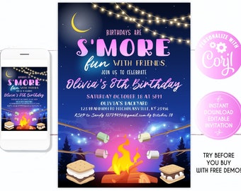 Birthday Bonfire Invitation, S'mores Birthday Invitation, Bonfire Invitation, Camping Invite, for girl, Teen Invitation, Bonfire Party