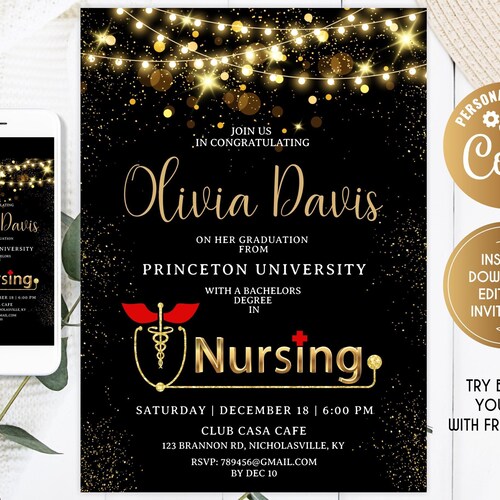 Editable Nursing Graduation Invitation. Registered Nurse Etsy