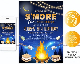 May include: A digital birthday invitation template featuring a night scene with a campfire, s'mores, string lights, and a crescent moon. The text reads: Birthdays are S'more fun with friends. Join us to celebrate Henry's 8th birthday.