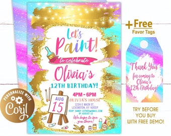 Painting Birthday Invitation, Art Birthday, Painting Party, Art Painting Birthday Party Invitation, Art Party Invitation,Invitation for girl