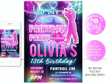 paintball birthday invitation girl, Paintball invitation girl, Paintball party girl, paint ball invitation girl, Girl Electronic Mobile