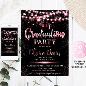 Graduation Party Invitation Pink, Graduation & Birthday Invitation, Chalkboard Graduation Party, Editable Black And Pink Graduation