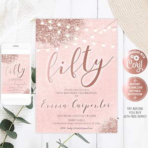 50th Birthday Invitation, Luxury Rose Gold Glitter Birthday Invitation, 60th 70th 80th Birthday, Her, Rose fifty Birthday Invitation