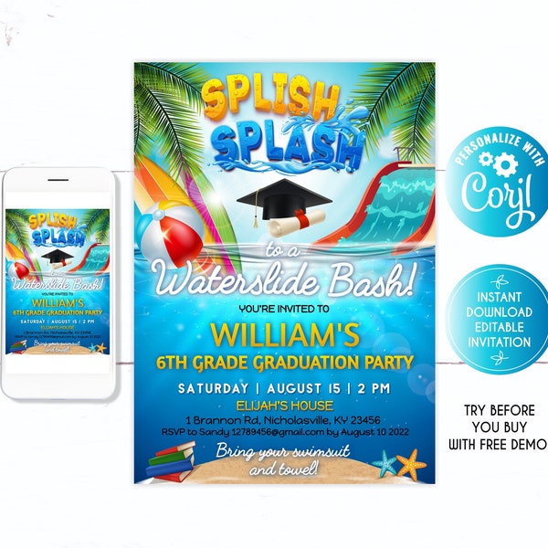 Grade Graduation Party Pool Party invitation, Splish Splash, Graduation Bash, Waterslide, Swim, Congrat Class of 2022, Waterslide bash