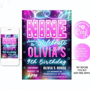 Puede incluir: Una invitación digital para una fiesta de cumpleaños número 9 con un diseño en color rosa y azul neón. La invitación presenta el texto "Nine" con estrellas y el nombre "Olivia's" con un fondo de galaxia. La invitación incluye la fecha, la hora y la ubicación de la fiesta.
