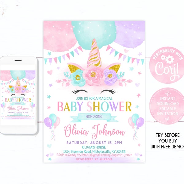 Unicorn Baby Shower Invitation, Baby Shower Invitation, Pink & Gold, Unicorn Baby Shower Invite, Magical Unicorn Baby Shower Invitation