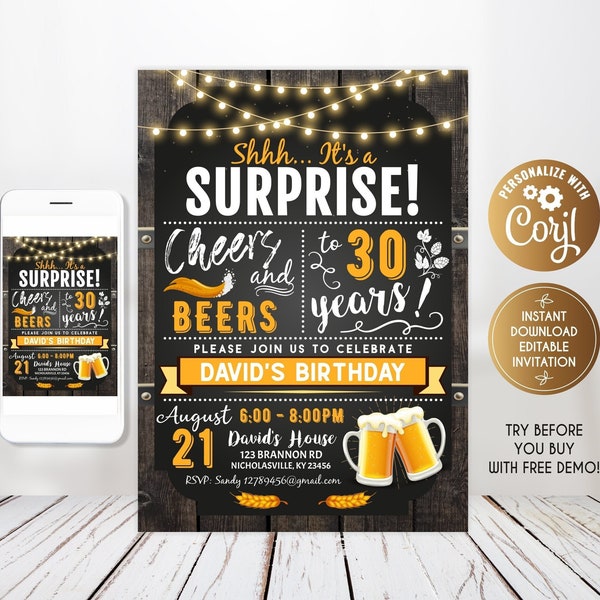 30th Cheers and Beers Surprise Birthday Party Invitation, Cheers and Beers to 30 years Men 30th Birthday, Chalkboard Wood, Beer Invitation