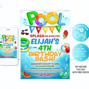 May include: Editable pool party invitation with a blue, green, and orange color scheme. The invitation features a cartoon pool with a life preserver, sunglasses, and a popsicle. The text reads "Pool Party, Splash on over for Elijah's 4th Birthday Bash!"