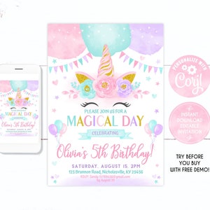 Unicorn Birthday Invitation, Unicorn Invitation, Rainbow Invitation, Editable Unicorn Invitation, Unicorn invite Unicorn Party 5th Birthday