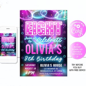 8th Birthday Invitation, 8th Birthday,  8 years old, Girl party invite, Teen girl birthday invite, Teen party, 8th, eighth Birthday