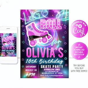 Roller skating birthday invitation, 10th birthday, Editable Rollerskate Invitation, Skating Party, Skating Birthday, Girls Birthday, Roller